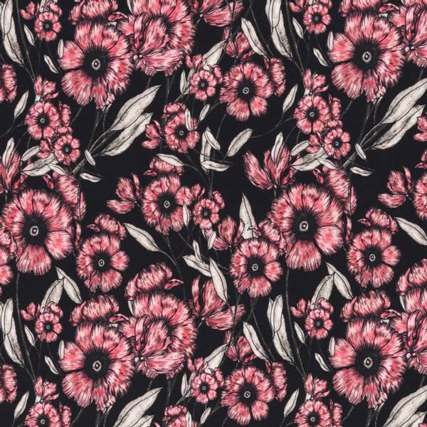 Bilde av Bomullsjersey - 8 cm rosa/pink blomsterhoder på sort