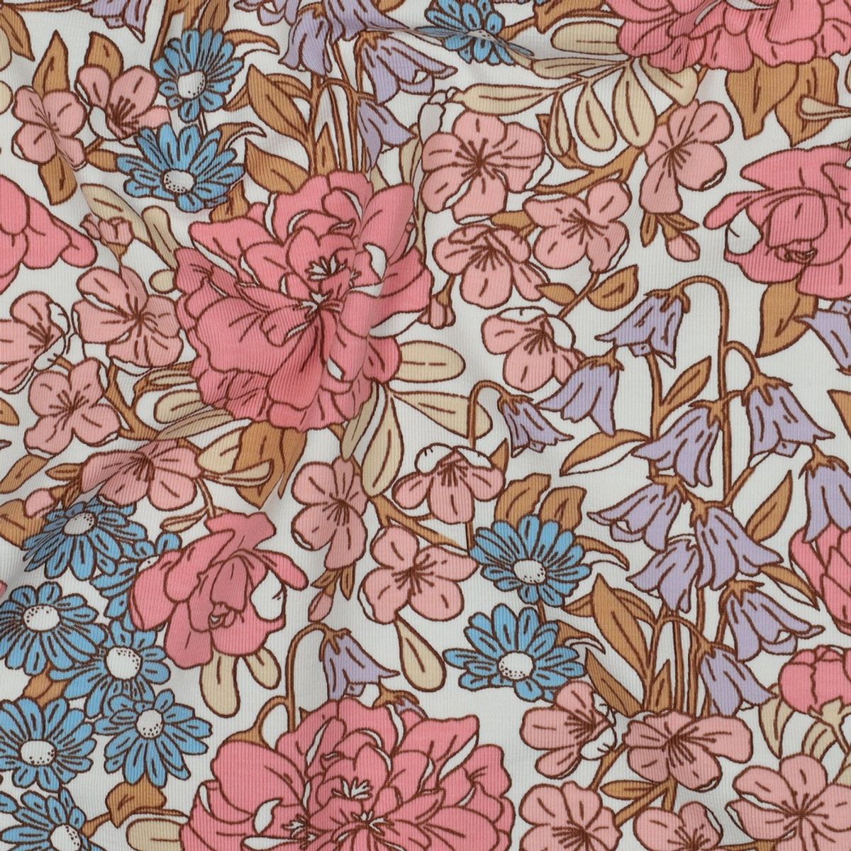 Bomullsjersey - retroblomster, lys rød/blå/lilla