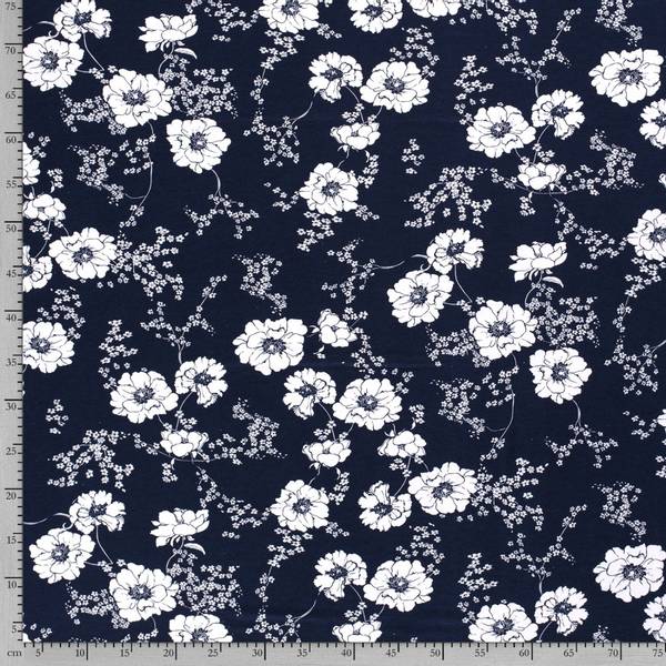 Bilde av Viskosejersey - 4-7 cm hvite blomsterhoder på marine