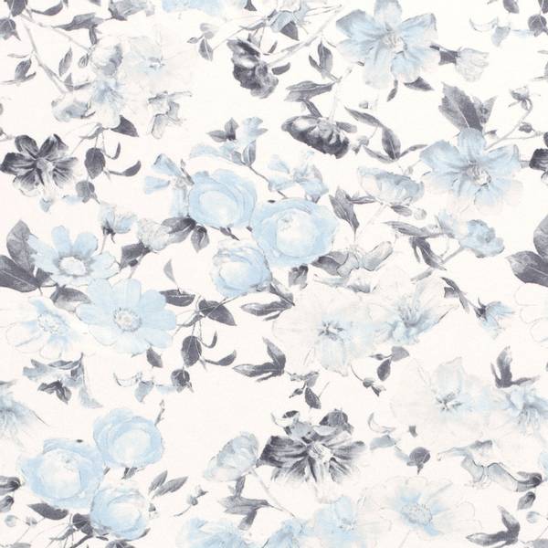 Bilde av Viskosejersey crepe - 5 cm lysblå/grå blomster på hvit