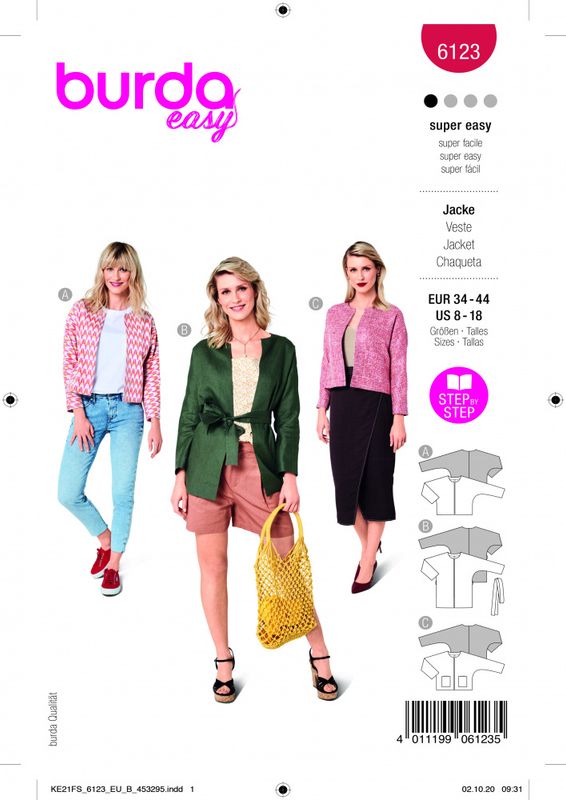 6123 - Burda - Blazer m/u knyting og lommer
