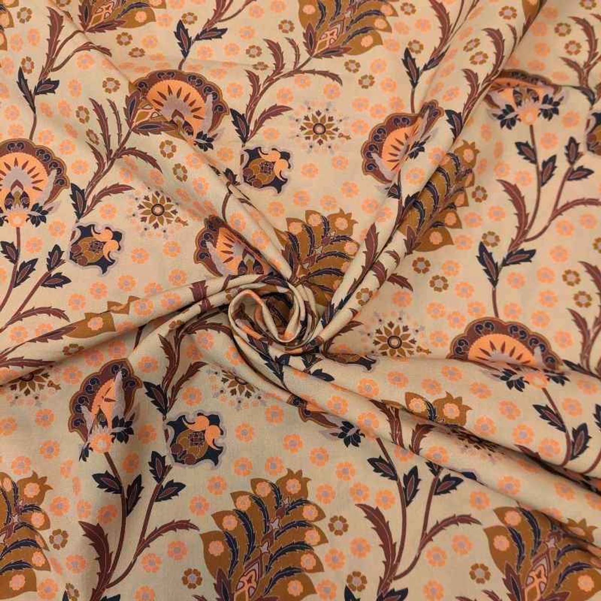 Bomullspoplin - brun-oransje retromønster