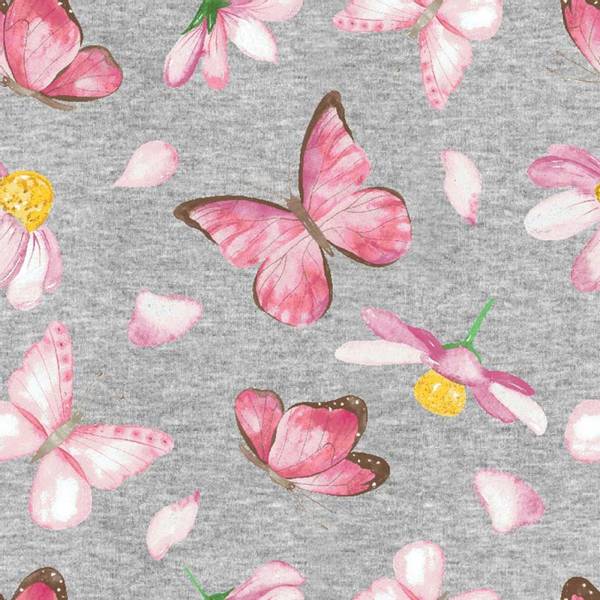 Bilde av Bomullsjersey - Rosa sommerfugl på lysgrå melert
