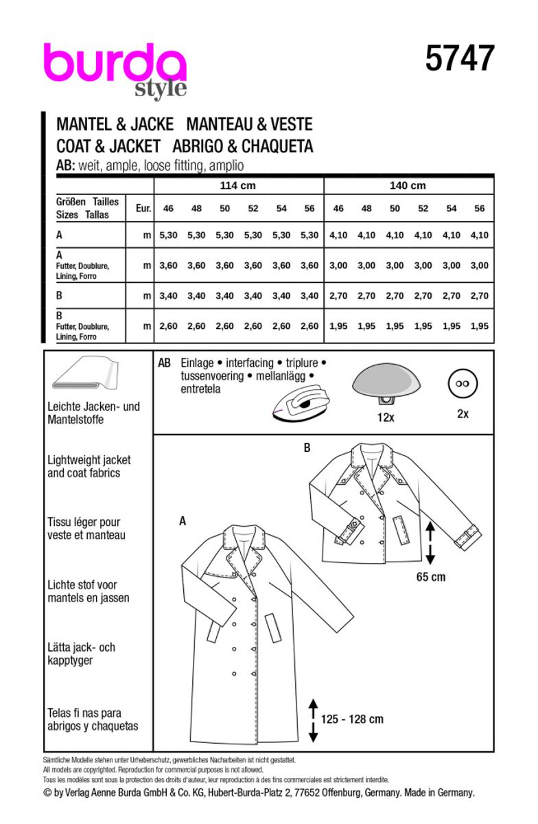 5747 - Burda - frakk, kort og lang