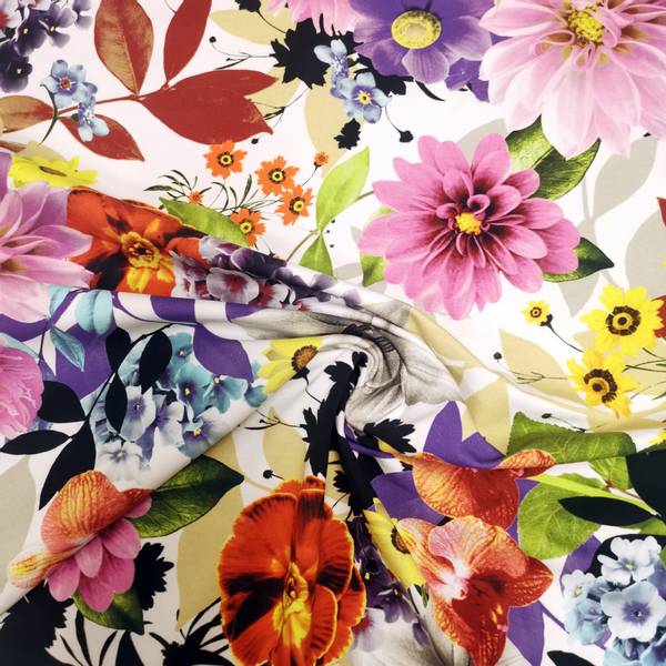 Bilde av Bomullsjersey - flerfarget blomster på hvit