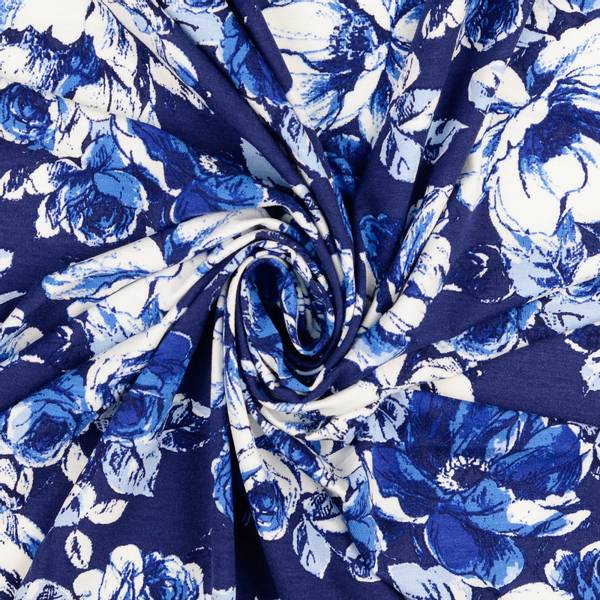 Bilde av Viskosejersey - 6-11 cm blå blomster på marine