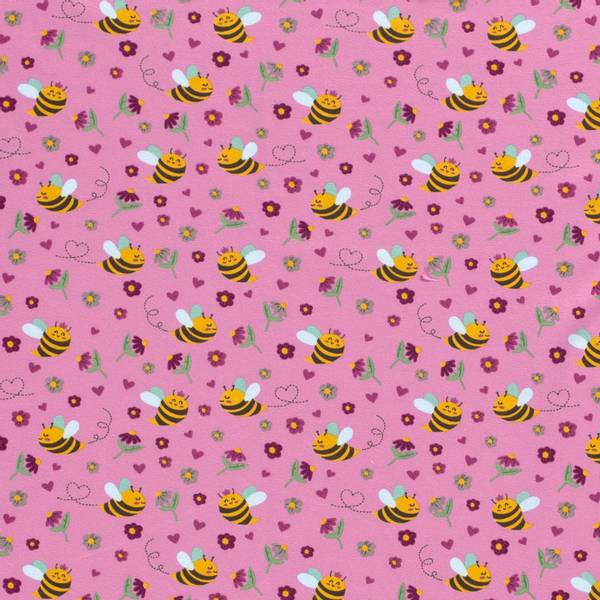 Bilde av Bomullsjersey - 3 cm bier og blomster på rosa