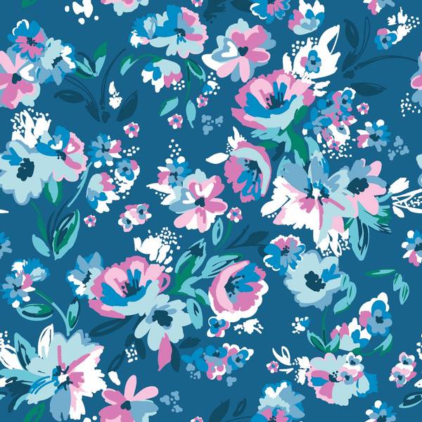 Bilde av Bomullsjersey - flerfarget blomsterbukett på jeansblå