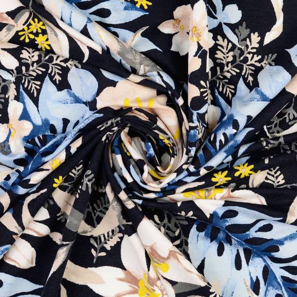 Bilde av Viskosejersey - store blomster & blader på sort
