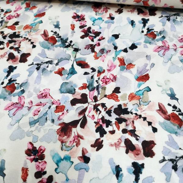 Bilde av Viskosejersey - flerfarget akvarellblomster på offwhite