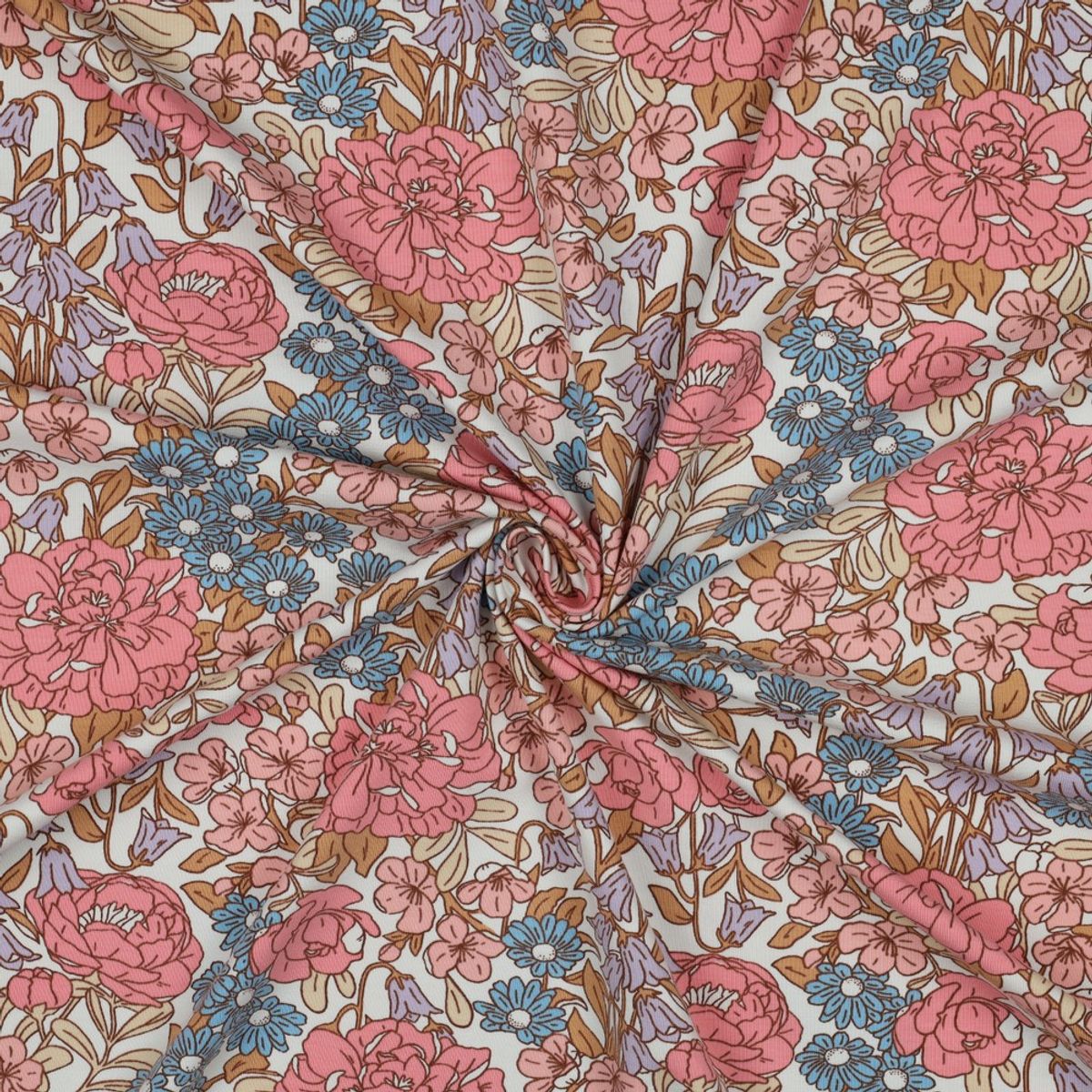 Bomullsjersey - retroblomster, lys rød/blå/lilla